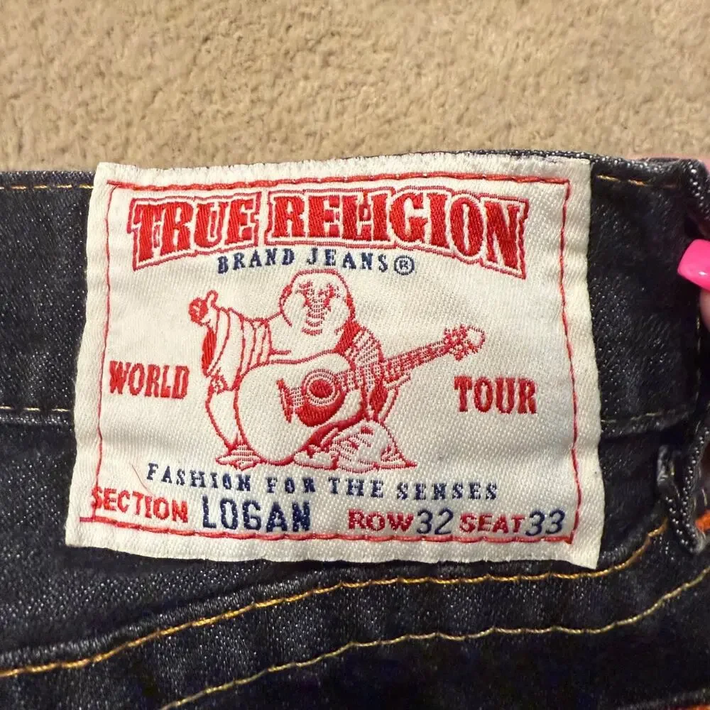 True Religion LOGAN Jeans Mens Black Denim USA Made Size 33W 32L Embroidered